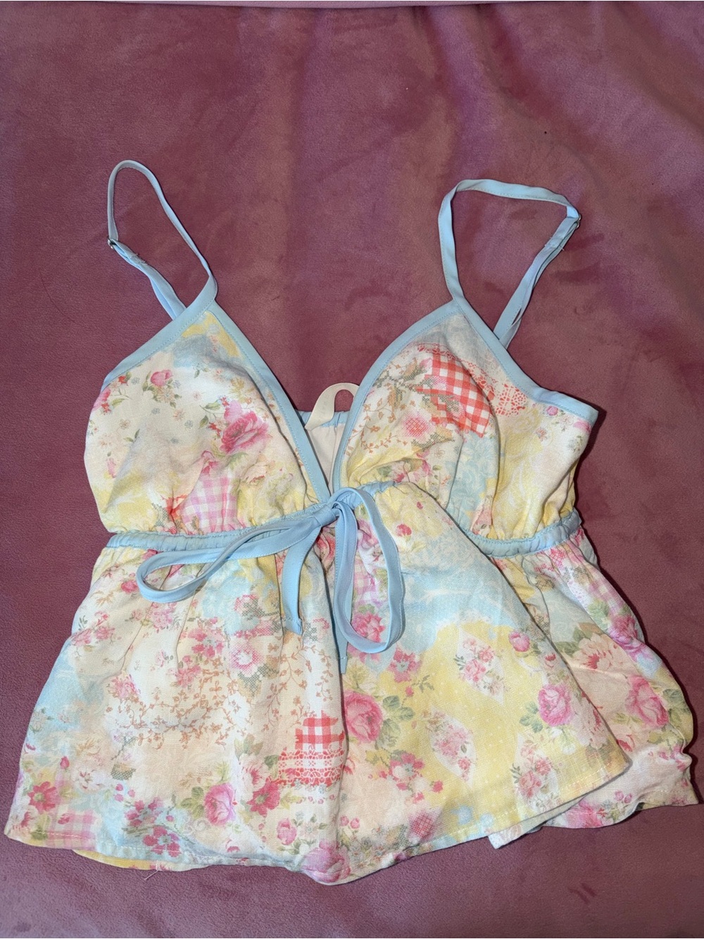 Altar'd State Pastel Floral Tie-Front Chemise in Light Blue and Yellow